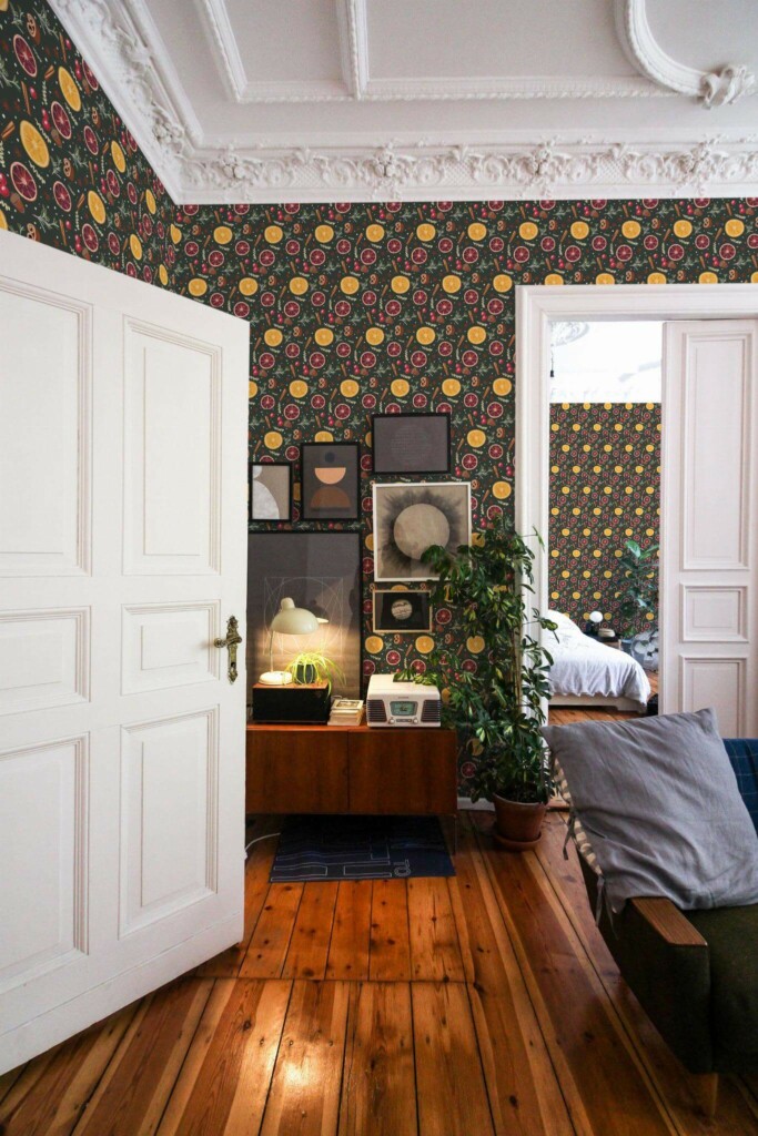 Mid-century modern luxury style living room and bedroom decorated with Christmas spices peel and stick wallpaper