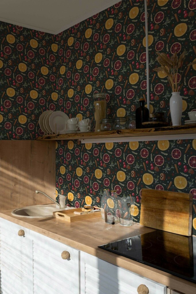 Minimal bohemian style kitchen decorated with Christmas spices peel and stick wallpaper