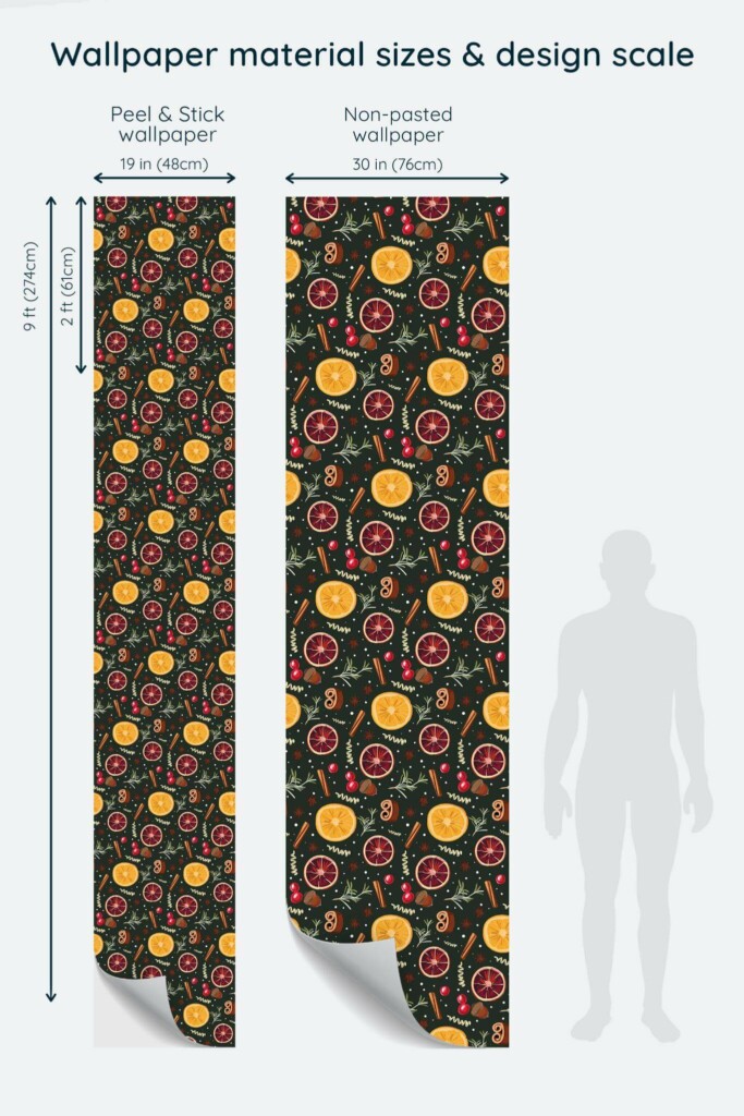 Size comparison of Christmas spices Peel & Stick and Non-pasted wallpapers with design scale relative to human figure