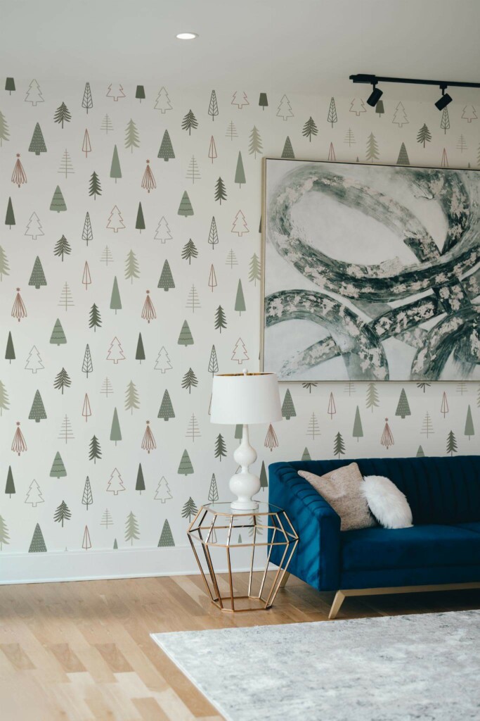 Modern style living room decorated with Christmas tree minimalist peel and stick wallpaper