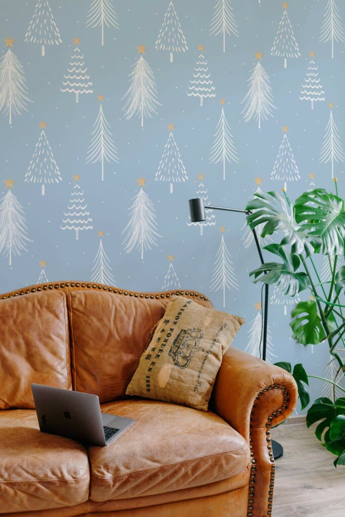 Mid-century modern style living room decorated with Christmas tree peel and stick wallpaper