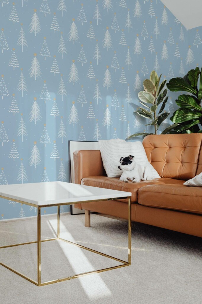 Mid-century modern style living room with dog on a sofa decorated with Christmas tree peel and stick wallpaper