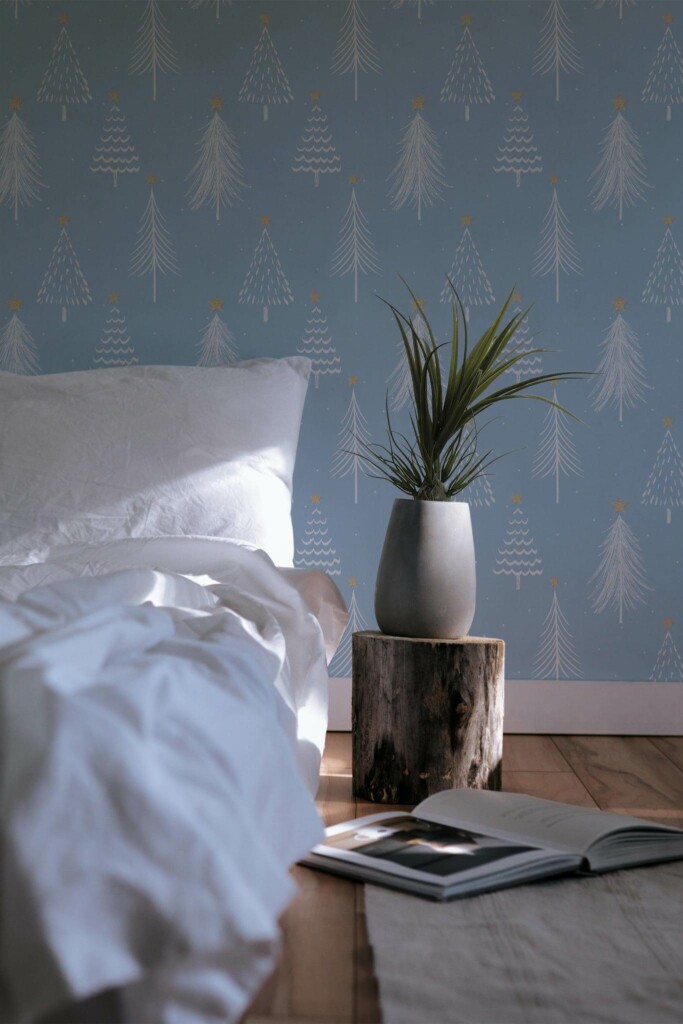 Minimal scandinavian style bedroom decorated with Christmas tree peel and stick wallpaper