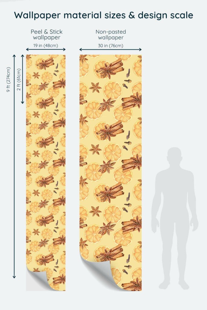 Size comparison of Christmas Peel & Stick and Non-pasted wallpapers with design scale relative to human figure