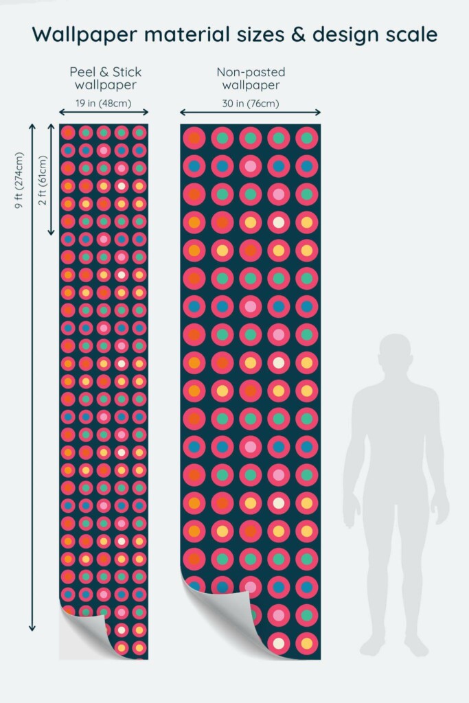Size comparison of Circle Dazzle Peel & Stick and Non-pasted wallpapers with design scale relative to human figure