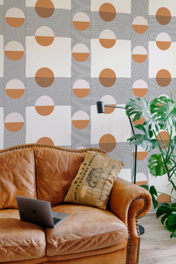 Mid-century modern style living room decorated with Circles and lines peel and stick wallpaper