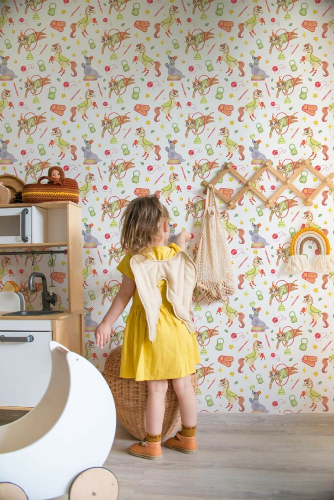 Bohemian style kids room decorated with Circus nursery peel and stick wallpaper