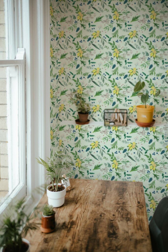 Farmhouse style home office decorated with Citrus grove peel and stick wallpaper