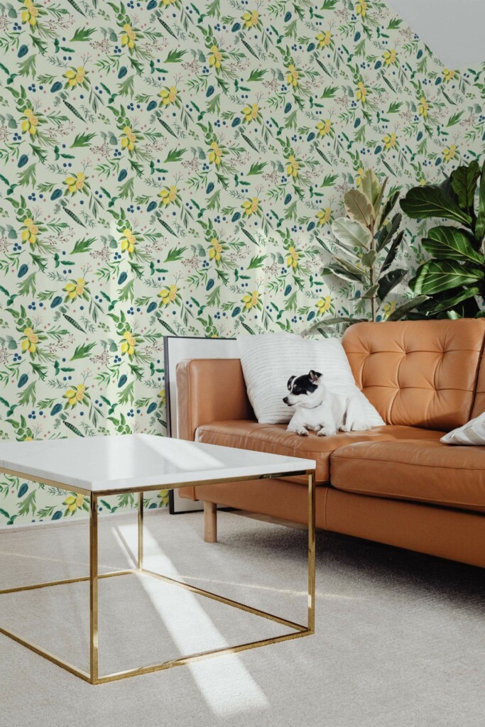 Mid-century modern style living room with dog on a sofa decorated with Citrus grove peel and stick wallpaper