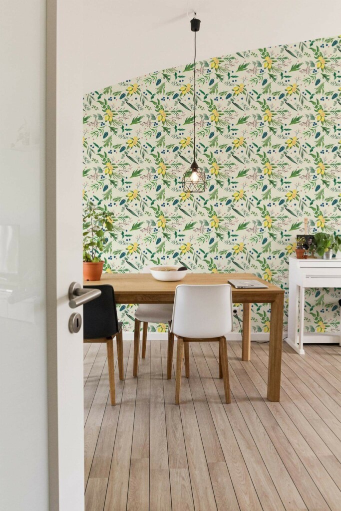 Minimal farmhouse style dining room decorated with Citrus grove peel and stick wallpaper