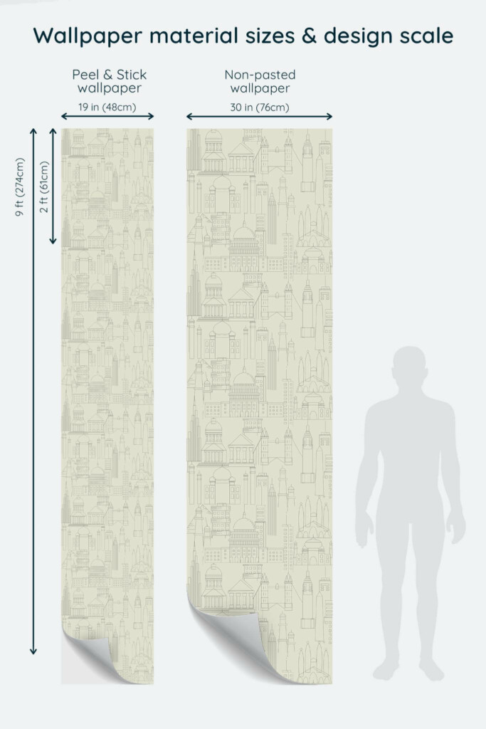 Size comparison of City business Peel & Stick and Non-pasted wallpapers with design scale relative to human figure
