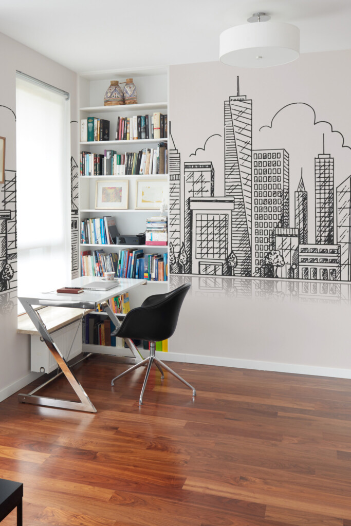 Wall mural peel and stick design with detailed cityscape sketch in black and white showing high-rise buildings, trees, and cloud outlines. The Fancy Walls peel and stick or non-pasted wallpaper.