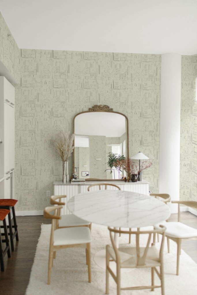 Luxury boho style dining room decorated with City peel and stick wallpaper