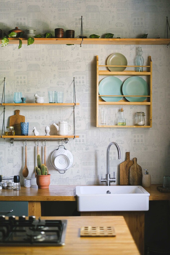 Neutral kitchen space styled with open wooden shelves and light dishware, featuring the beige city-themed wallpaper in the background. The wallpaper’s soft, illustrated town scene adds visual interest without overwhelming the room. This Fancy Walls design is perfect for cozy kitchens, offering a warm, inviting touch that suits Scandinavian, farmhouse, or natural décor.