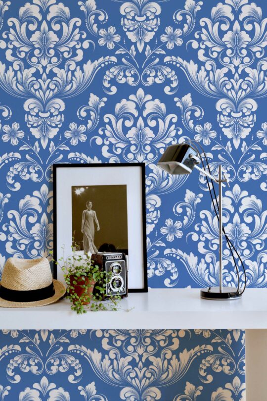 damask blue and white traditional wallpaper