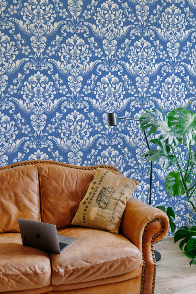 Mid-century modern style living room decorated with Classic damask peel and stick wallpaper