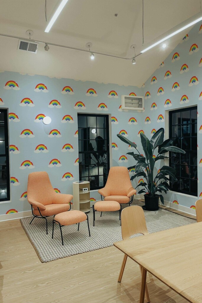 Minimal style living room decorated with Classic rainbow peel and stick wallpaper and mid-century style chairs