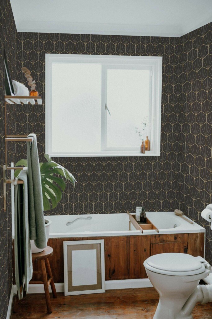 Boho farmhouse style bathroom decorated with Classy geometric bathroom peel and stick wallpaper