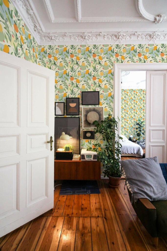 Mid-century modern luxury style living room and bedroom decorated with Clementine garden peel and stick wallpaper