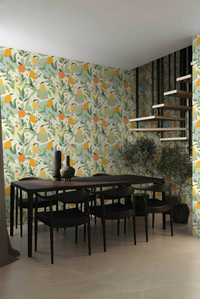 Modern industrial style dining room decorated with Clementine garden peel and stick wallpaper