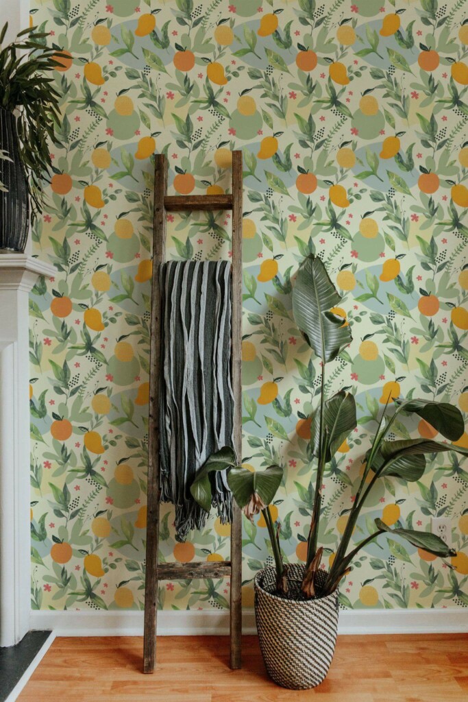 Scandinavian style living room decorated with Clementine garden peel and stick wallpaper