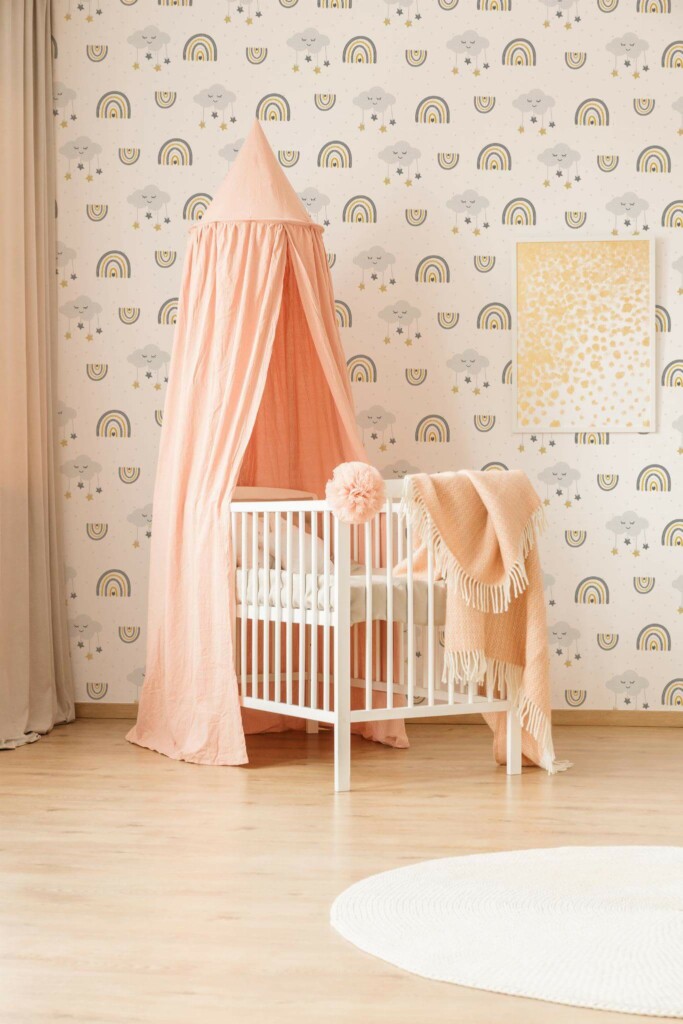 Neutral style nursery decorated with Cloud nursery peel and stick wallpaper