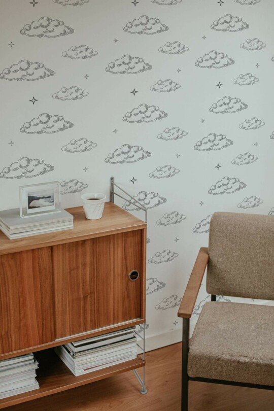 Mid-century style living room decorated with Cloud pattern peel and stick wallpaper