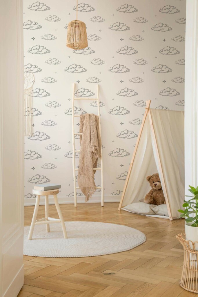 Neutral style nursery decorated with Cloud pattern peel and stick wallpaper