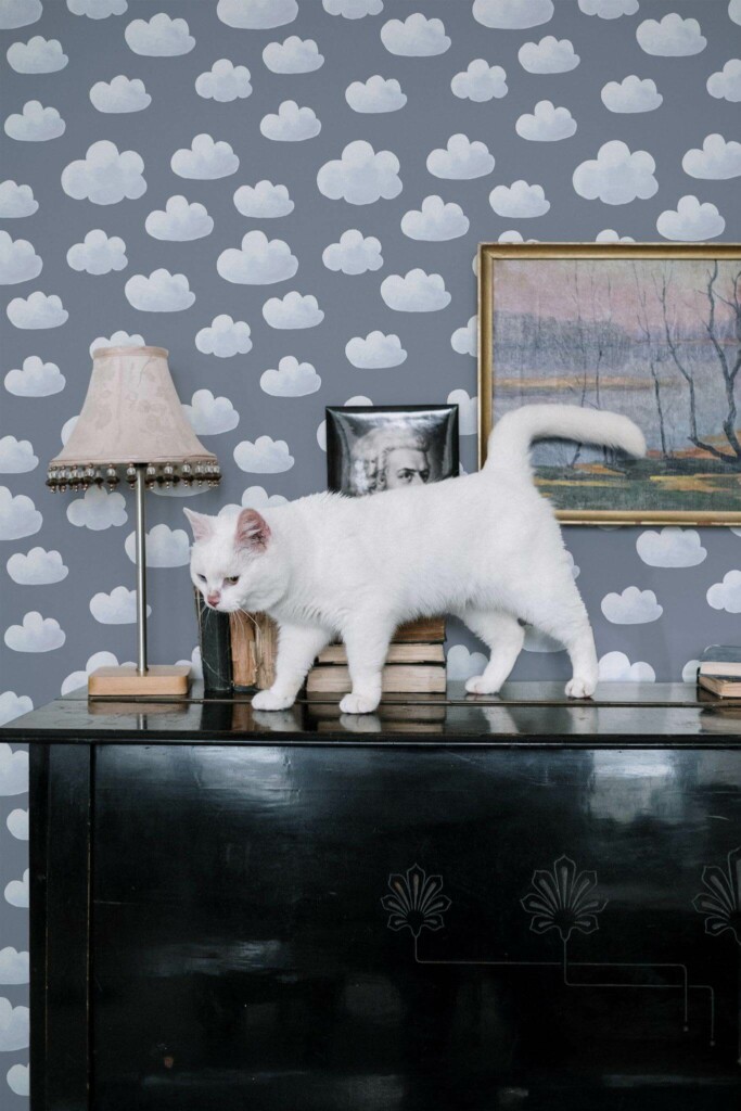 Industrial style music room decorated with Cloud peel and stick wallpaper