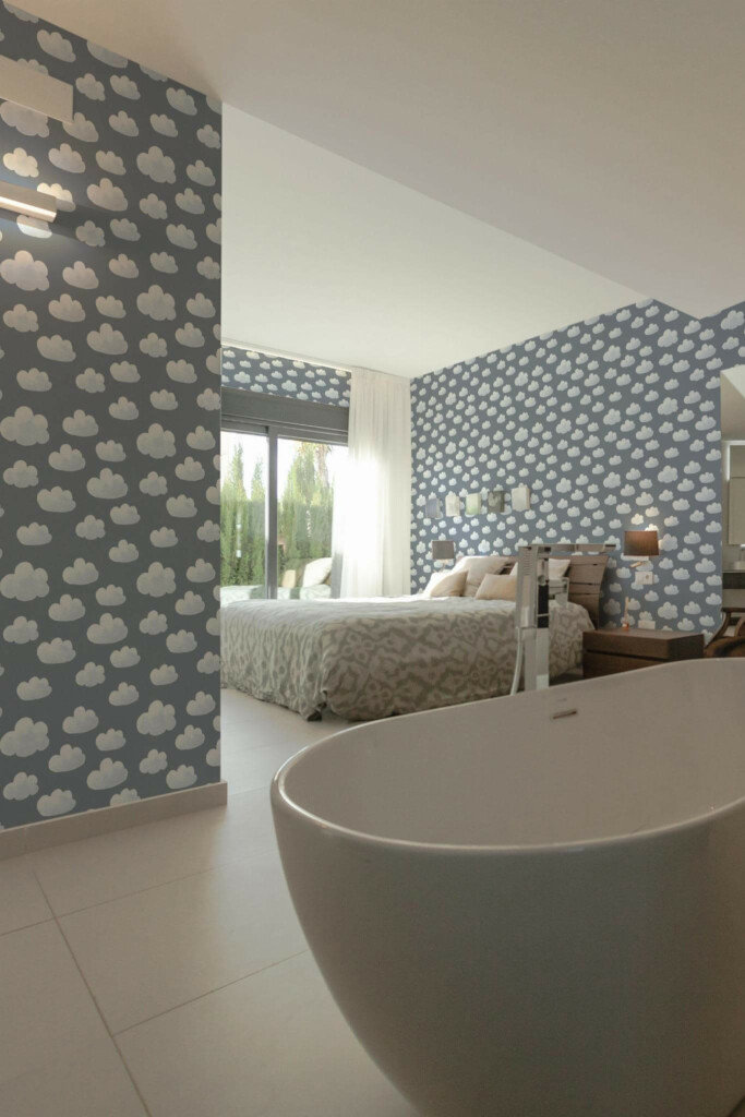 Modern style bedroom with open bathroom decorated with Cloud peel and stick wallpaper