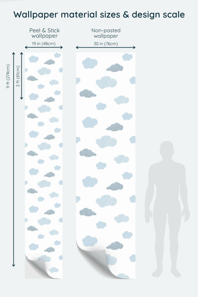 Size comparison of Cloud Peel & Stick and Non-pasted wallpapers with design scale relative to human figure
