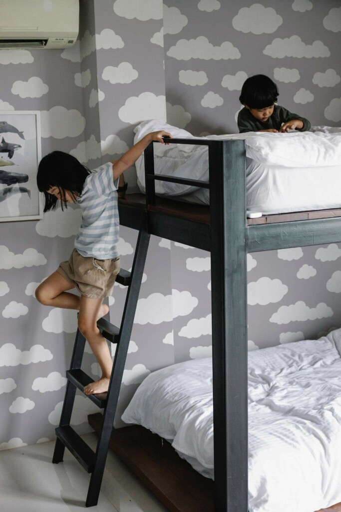 Minimalistic style kids room decorated with Clouds peel and stick wallpaper