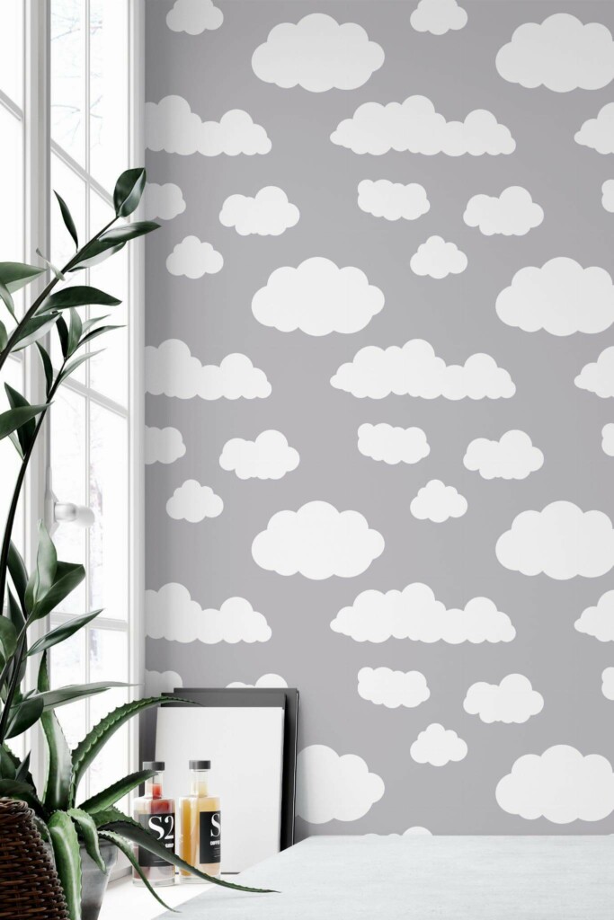 Minimal style home office decorated with Clouds peel and stick wallpaper