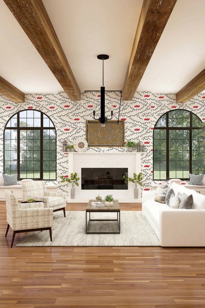 Light farmhouse style living room decorated with Clouds with red accent peel and stick wallpaper