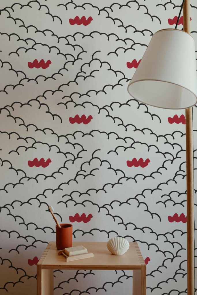 Minimal style bathroom decorated with Clouds with red accent peel and stick wallpaper