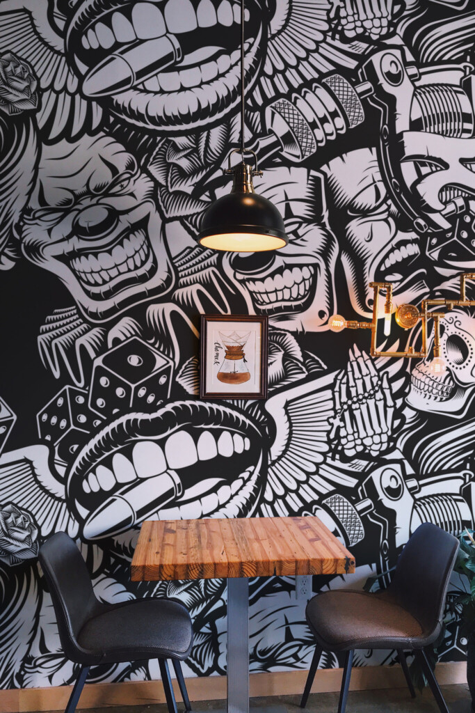 Wall mural peel and stick style in monochrome street art pattern with clown faces, tattoo elements, and skulls for bold barber shop walls. The Fancy Walls peel and stick or non-pasted wallpaper.