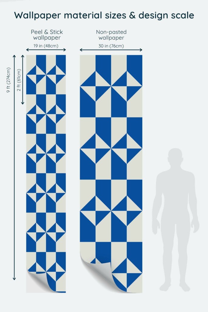 Size comparison of Coastal Blue Harmony Peel & Stick and Non-pasted wallpapers with design scale relative to human figure