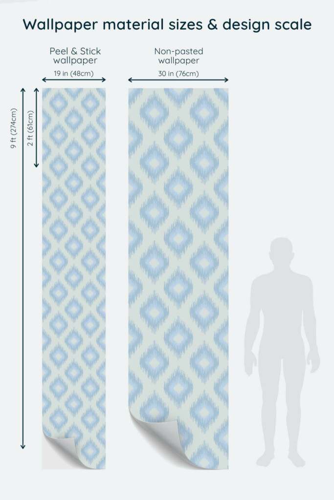 Size comparison of Coastal Blue Ikat Peel & Stick and Non-pasted wallpapers with design scale relative to human figure
