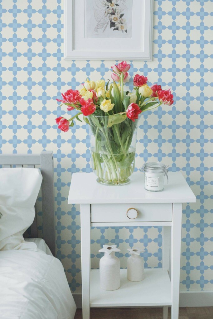Farmhouse style bedroom decorated with Coastal geometric floral peel and stick wallpaper