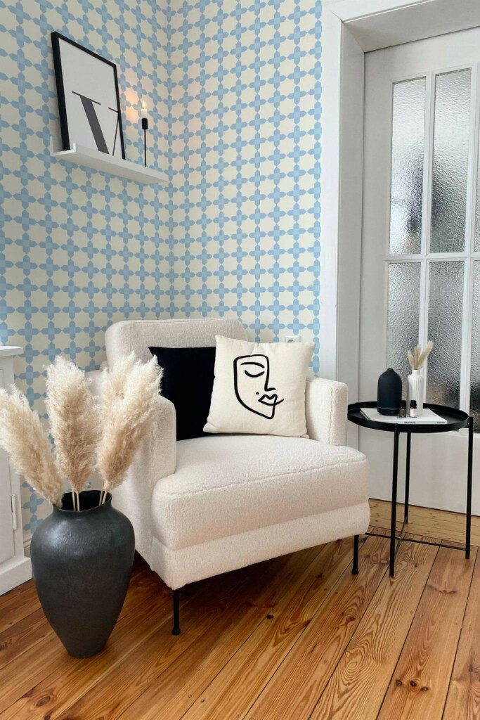 Modern boho style living room decorated with Coastal geometric floral peel and stick wallpaper