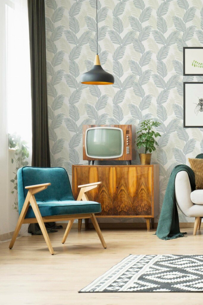 Mid-century modern style living room decorated with Coastal palm leaf peel and stick wallpaper