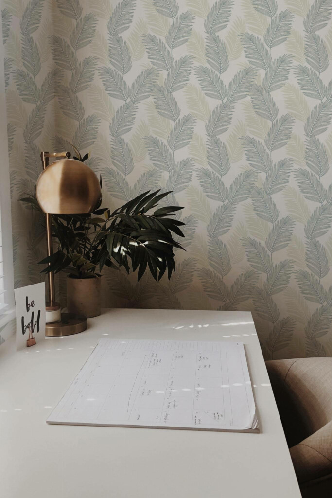 Rustic style home office decorated with Coastal palm leaf peel and stick wallpaper