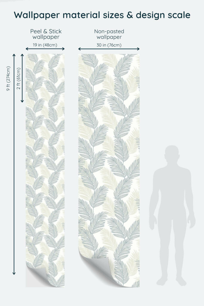Size comparison of Coastal palm leaf Peel & Stick and Non-pasted wallpapers with design scale relative to human figure