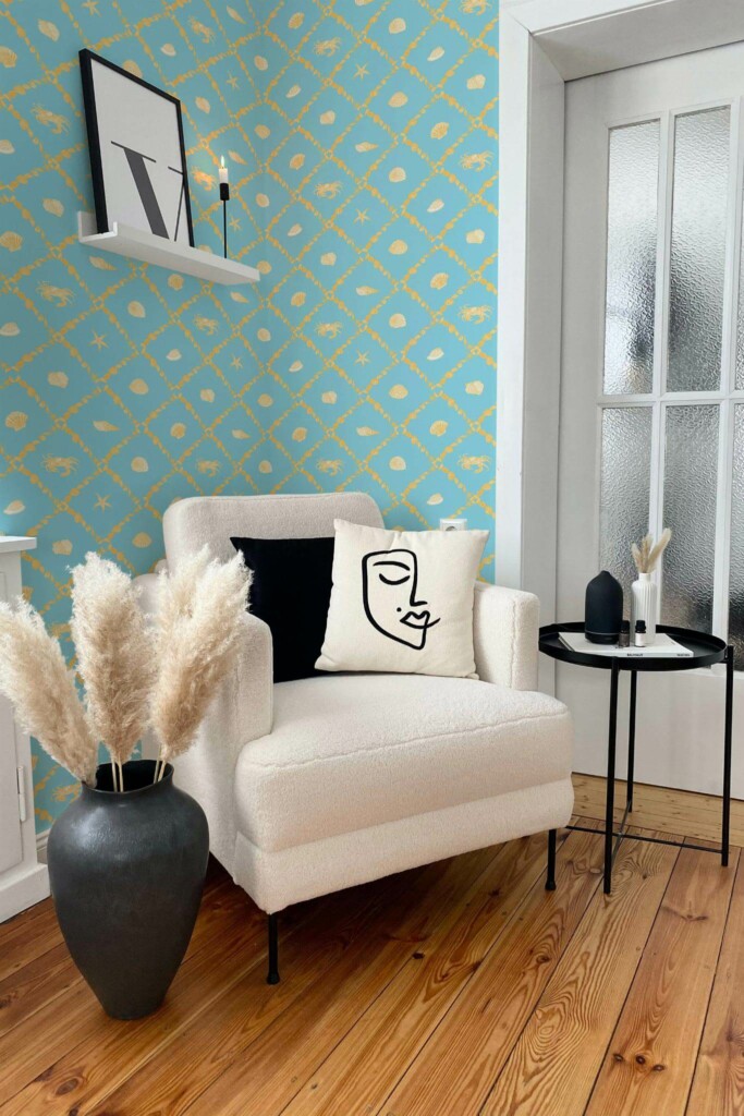 Modern boho style living room decorated with Coastal pattern peel and stick wallpaper