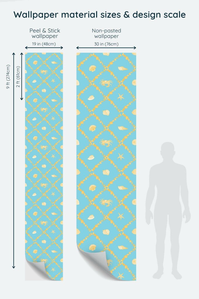 Size comparison of Coastal pattern Peel & Stick and Non-pasted wallpapers with design scale relative to human figure