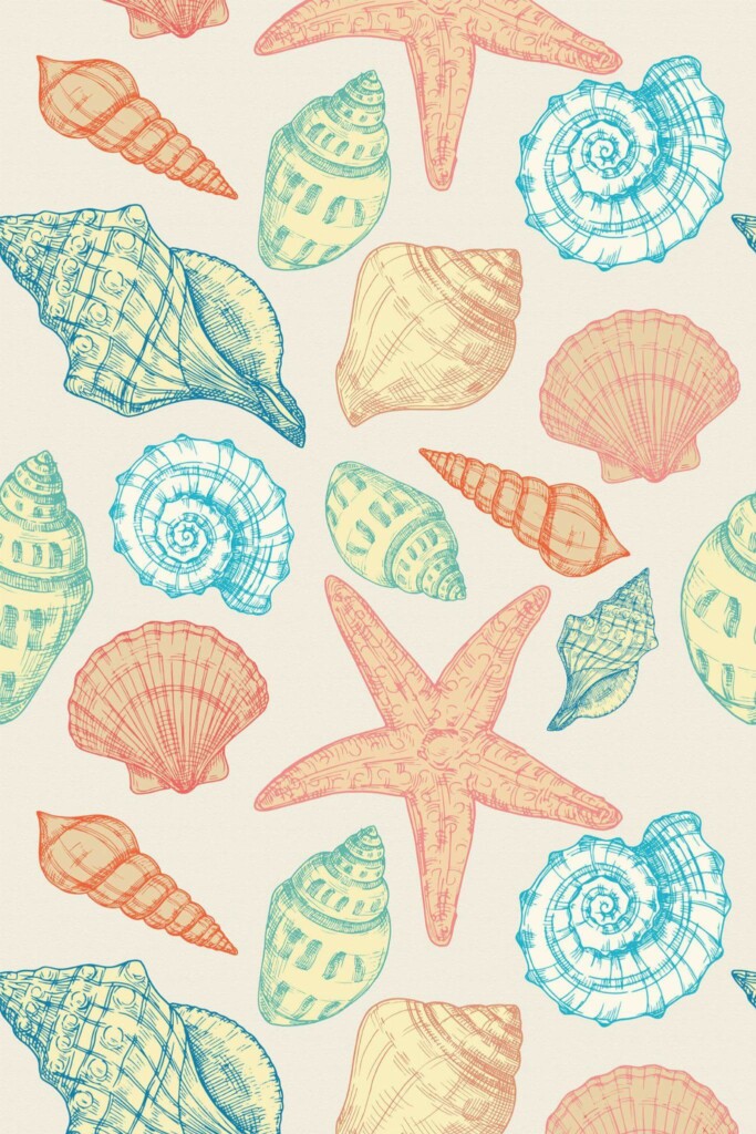 Pattern repeat of Coastal seashell removable wallpaper design