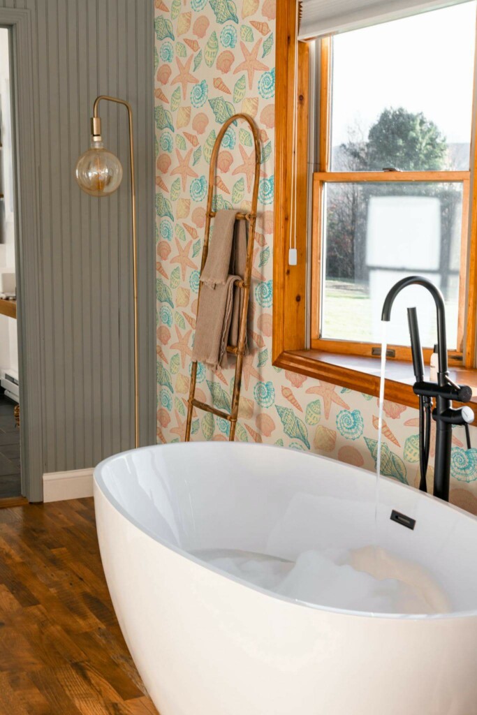 Mid-century modern style bathroom decorated with Coastal seashell peel and stick wallpaper