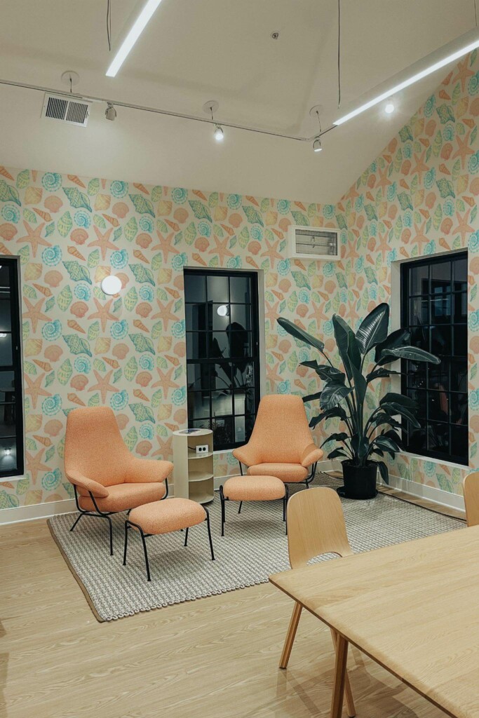 Minimal style living room decorated with Coastal seashell peel and stick wallpaper and mid-century style chairs