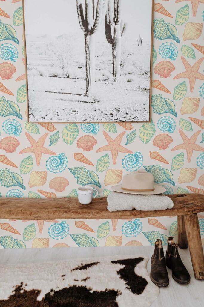 Scandinavian style entryway decorated with Coastal seashell peel and stick wallpaper
