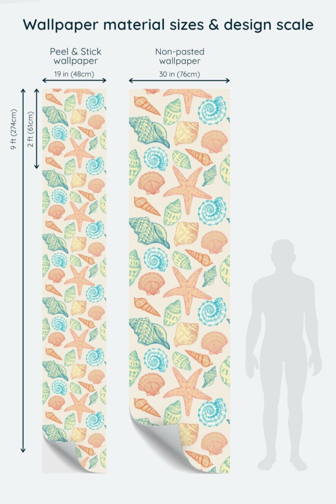 Size comparison of Coastal seashell Peel & Stick and Non-pasted wallpapers with design scale relative to human figure